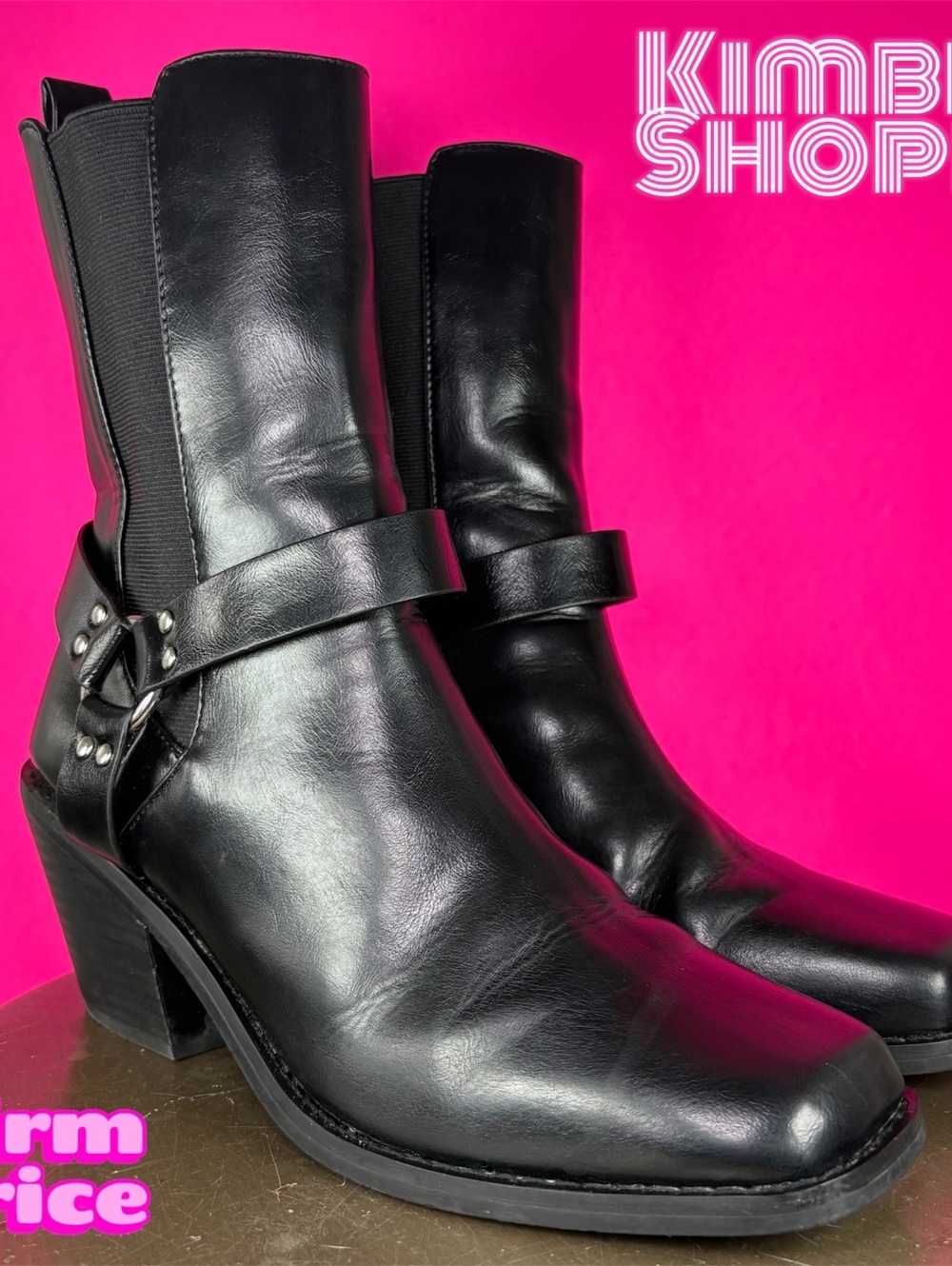 Urban Outfitters Black Faux Leather Square Toe Harness Pull-On Boot US 9 UK 7